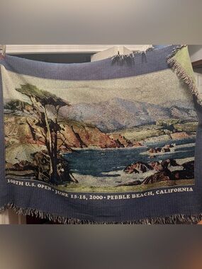 Vintage 100th US OPEN Tapestry Throw Blanket Pebble Beach Tiger Woods 2000 50x56